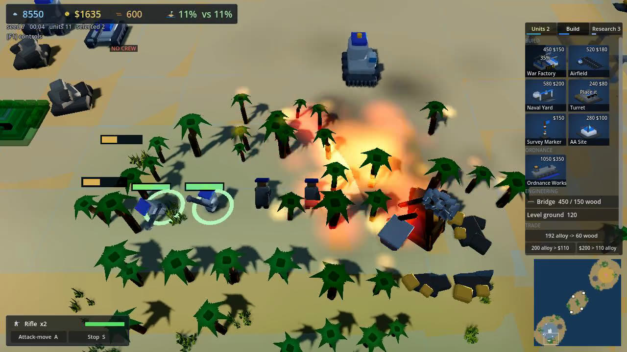 An Archiwar base: harvesters, a construction yard and an empty tank marked NO CREW, with the build sidebar and minimap