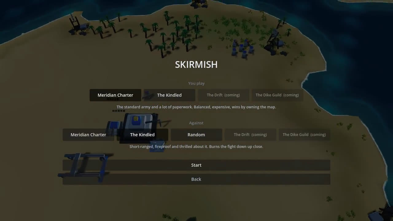 The skirmish screen, choosing a faction for each side