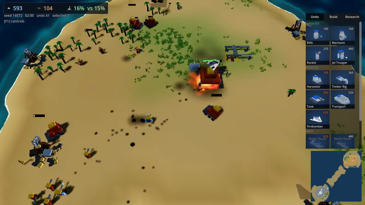 A battle on a sandy island, with each side's share of the land shown at the top and a minimap of the archipelago