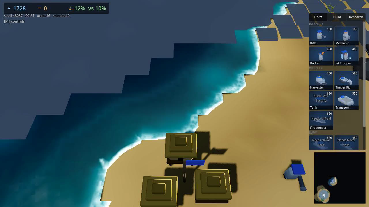 A settlers' hamlet of three stilt huts flying a blue flag